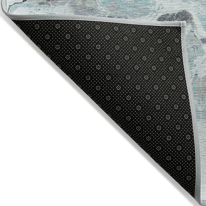 9' X 12' Teal Blue Gold And Gray Abstract Washable Indoor Outdoor Area Rug
