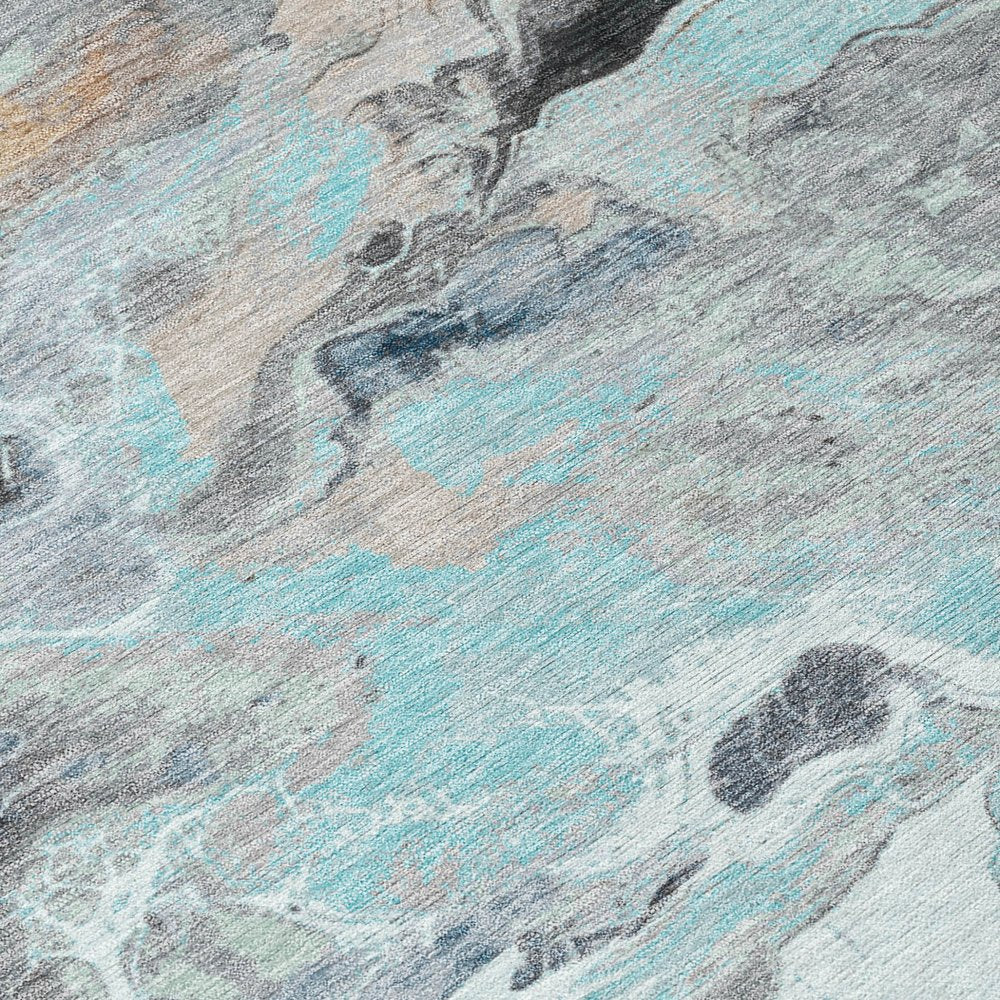 9' X 12' Teal Blue Gold And Gray Abstract Washable Indoor Outdoor Area Rug