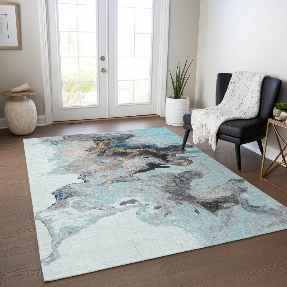 9' X 12' Teal Blue Gold And Gray Abstract Washable Indoor Outdoor Area Rug