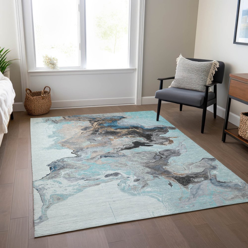 9' X 12' Teal Blue Gold And Gray Abstract Washable Indoor Outdoor Area Rug