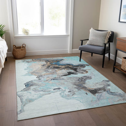 9' X 12' Teal Blue Gold And Gray Abstract Washable Indoor Outdoor Area Rug