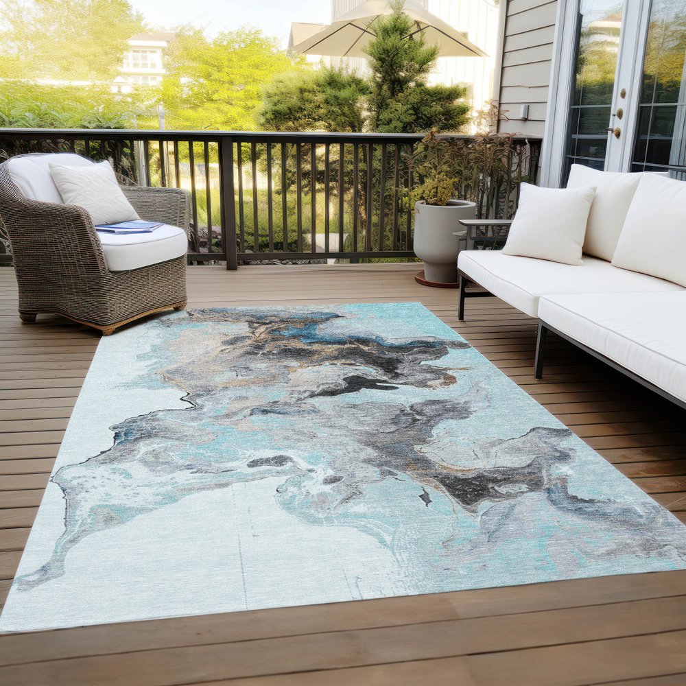 9' X 12' Teal Blue Gold And Gray Abstract Washable Indoor Outdoor Area Rug