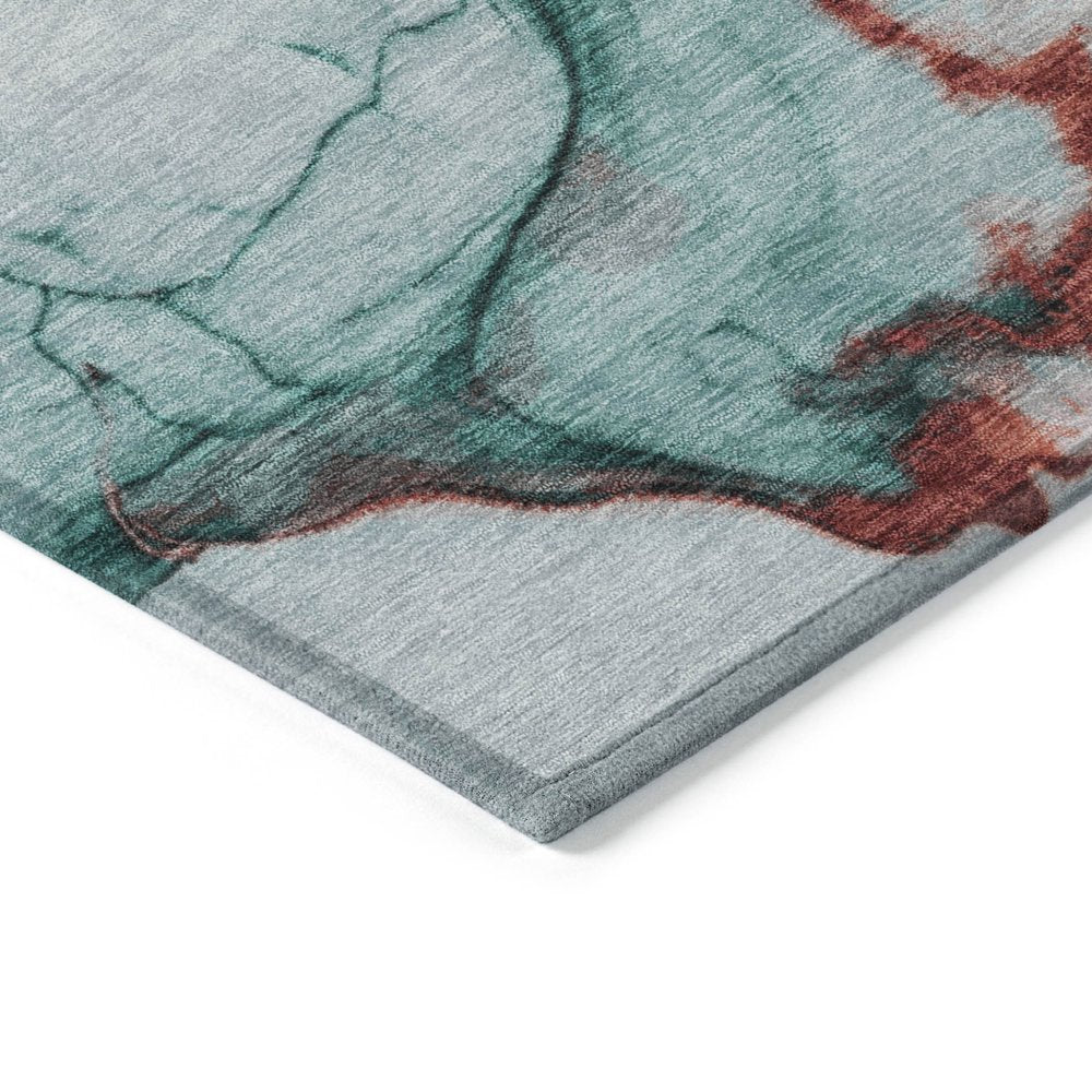 9' X 12' Teal Blue And Terra Cotta Abstract Washable Indoor Outdoor Area Rug
