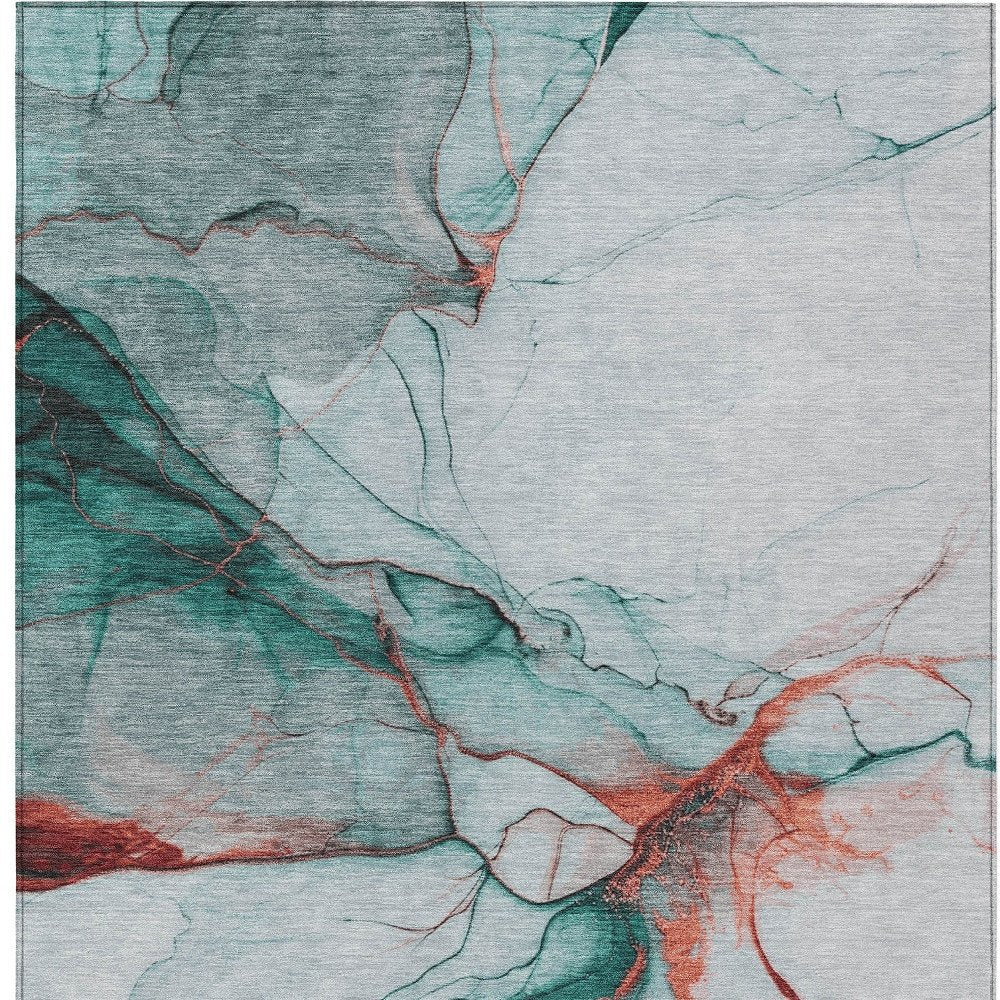 9' X 12' Teal Blue And Terra Cotta Abstract Washable Indoor Outdoor Area Rug