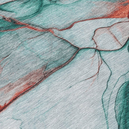 9' X 12' Teal Blue And Terra Cotta Abstract Washable Indoor Outdoor Area Rug