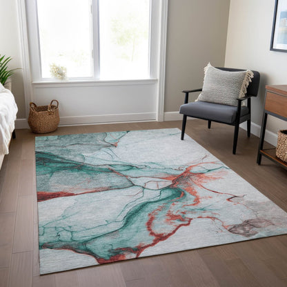 9' X 12' Teal Blue And Terra Cotta Abstract Washable Indoor Outdoor Area Rug