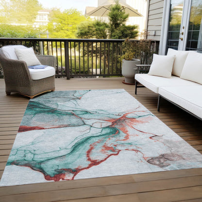 9' X 12' Teal Blue And Terra Cotta Abstract Washable Indoor Outdoor Area Rug