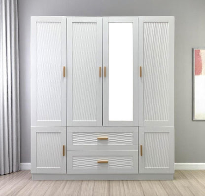 75" White Ribbed Texture Wood Mirrored Six Door Two Drawer Combo Dresser