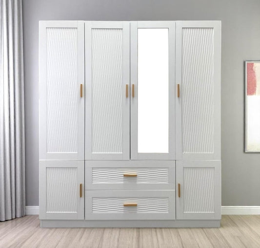 Cómoda de 75" con seis puertas y dos cajones, de madera con textura acanalada blanca y espejo