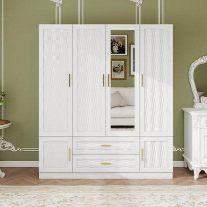 75" White Ribbed Texture Wood Mirrored Six Door Two Drawer Combo Dresser