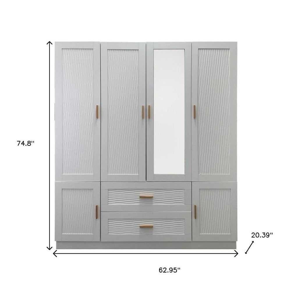 75" White Ribbed Texture Wood Mirrored Six Door Two Drawer Combo Dresser
