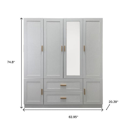 75" White Ribbed Texture Wood Mirrored Six Door Two Drawer Combo Dresser