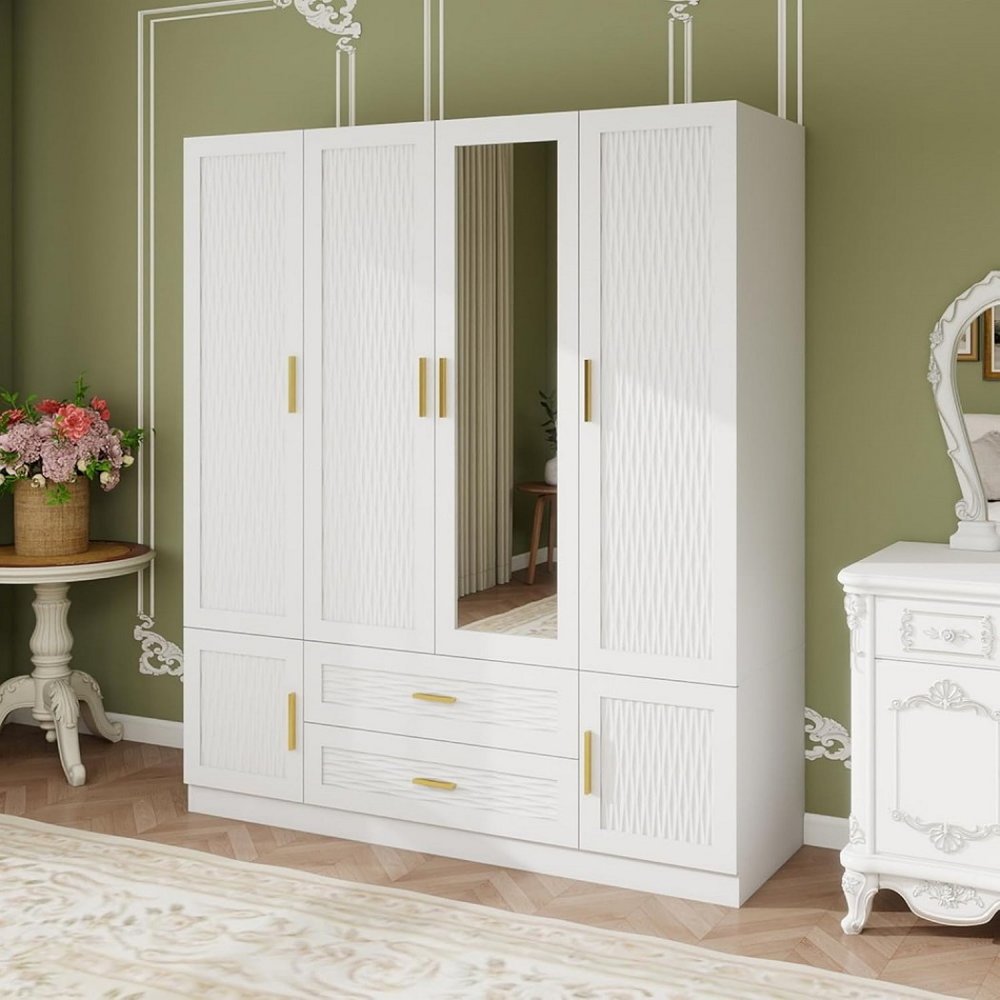 75" White Ribbed Texture Wood Mirrored Six Door Two Drawer Combo Dresser
