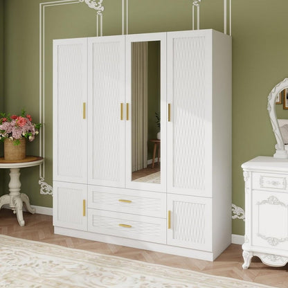 75" White Ribbed Texture Wood Mirrored Six Door Two Drawer Combo Dresser