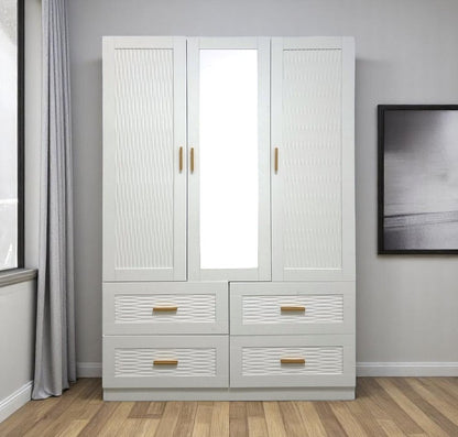 75" White Ribbed Texture Wood Mirrored Three Door Four Drawer Combo Dresser