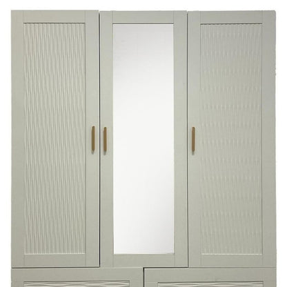 75" White Ribbed Texture Wood Mirrored Three Door Four Drawer Combo Dresser
