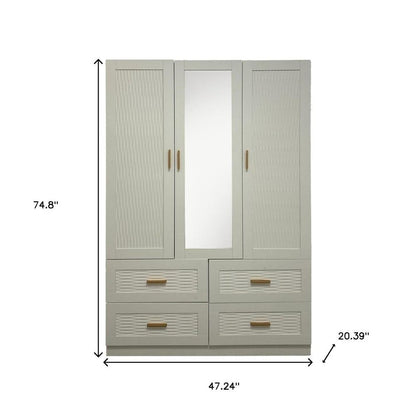 75" White Ribbed Texture Wood Mirrored Three Door Four Drawer Combo Dresser