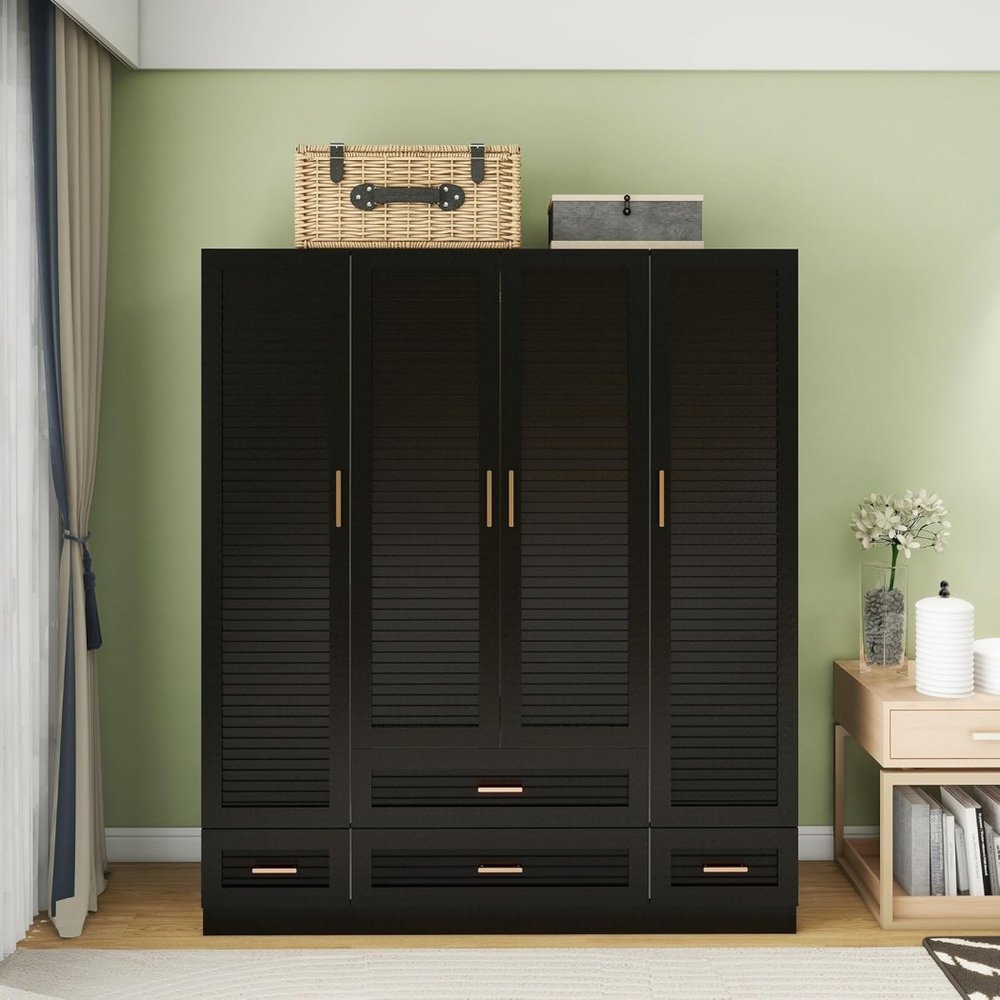 71" Black Plantation Shutter Wood Four Door Four Drawer Combo Dresser