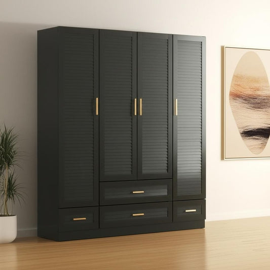 Cómoda de madera de 71" con cuatro puertas y cuatro cajones, con persianas tipo plantación en color negro