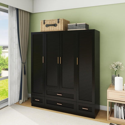 71" Black Plantation Shutter Wood Four Door Four Drawer Combo Dresser