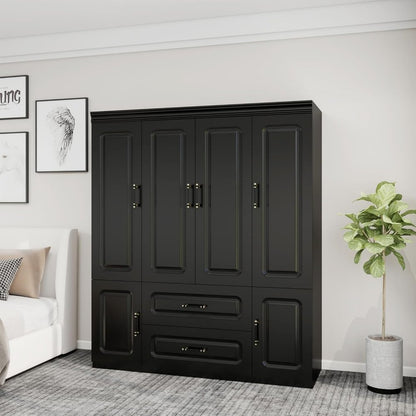 71" Black Wood Six Door Two Drawer Combo Dresser