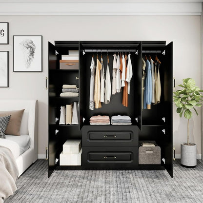 71" Black Wood Six Door Two Drawer Combo Dresser