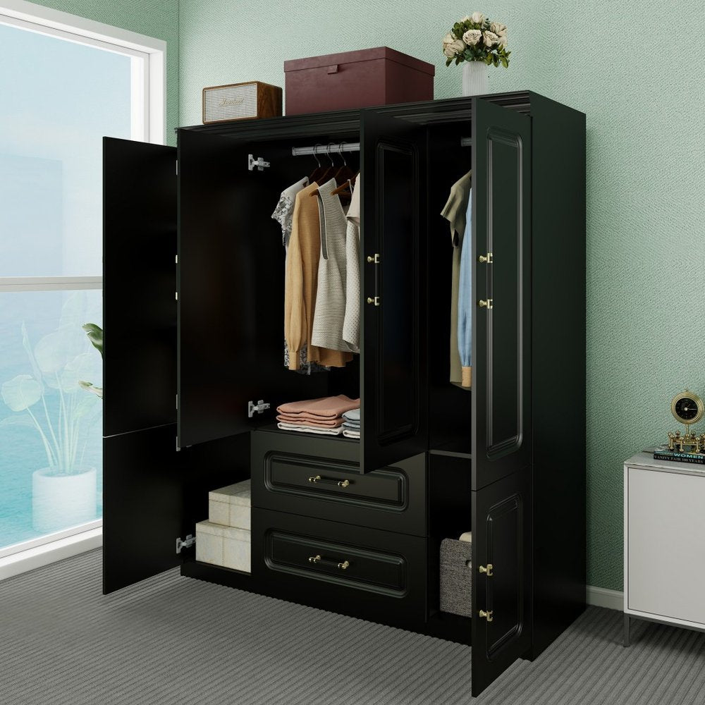 71" Black Wood Six Door Two Drawer Combo Dresser