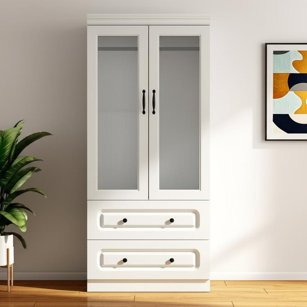 Cómoda de madera blanca de 71" con dos puertas y dos cajones