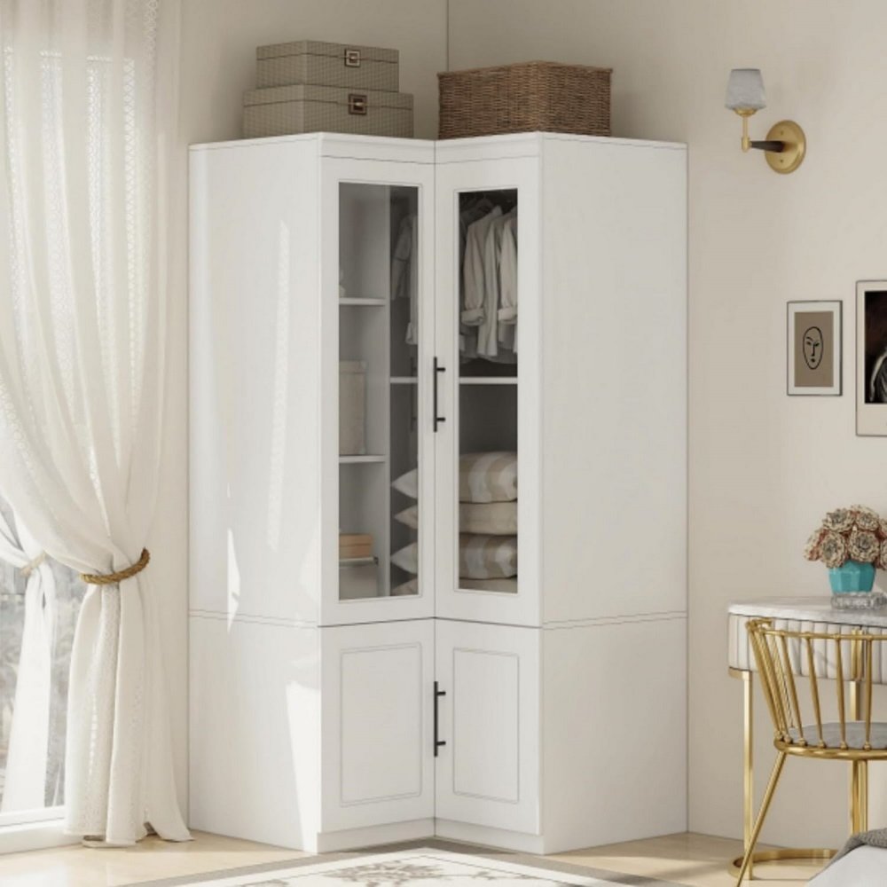 Cómoda esquinera de madera blanca de 71" con cuatro puertas