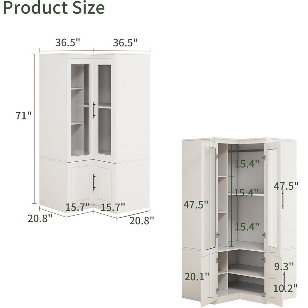 Cómoda esquinera de madera blanca de 71" con cuatro puertas