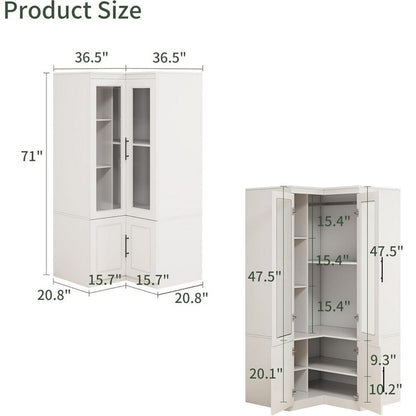 Cómoda esquinera de madera blanca de 71" con cuatro puertas