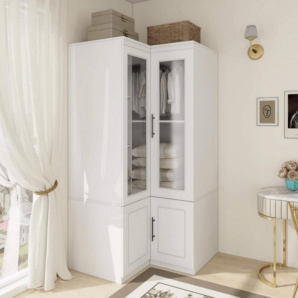 Cómoda esquinera de madera blanca de 71" con cuatro puertas