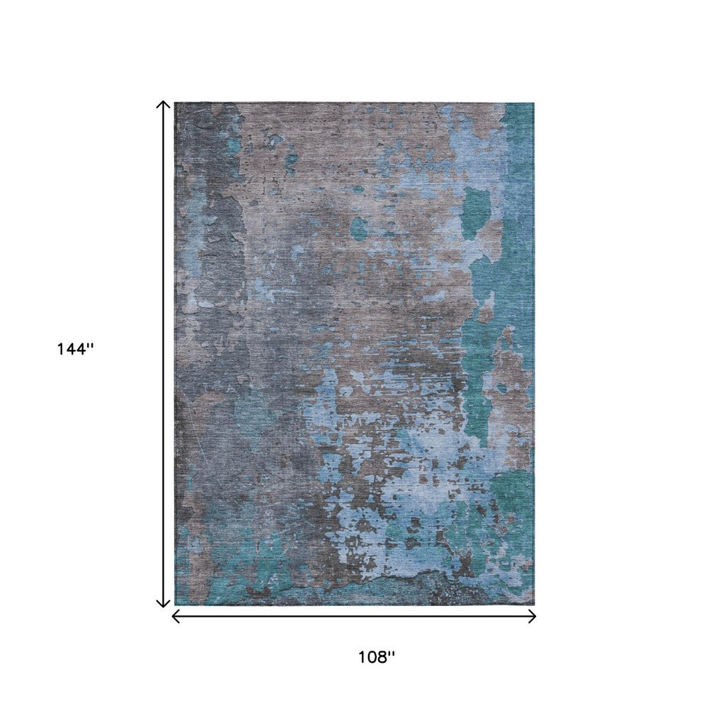 9' X 12' Teal Blue Taupe And Sky Blue Abstract Washable Indoor Outdoor Area Rug