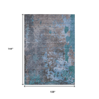 9' X 12' Teal Blue Taupe And Sky Blue Abstract Washable Indoor Outdoor Area Rug