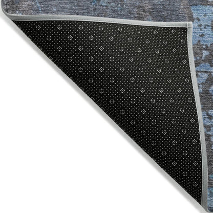 9' X 12' Teal Blue Taupe And Sky Blue Abstract Washable Indoor Outdoor Area Rug