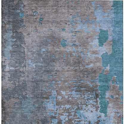 9' X 12' Teal Blue Taupe And Sky Blue Abstract Washable Indoor Outdoor Area Rug