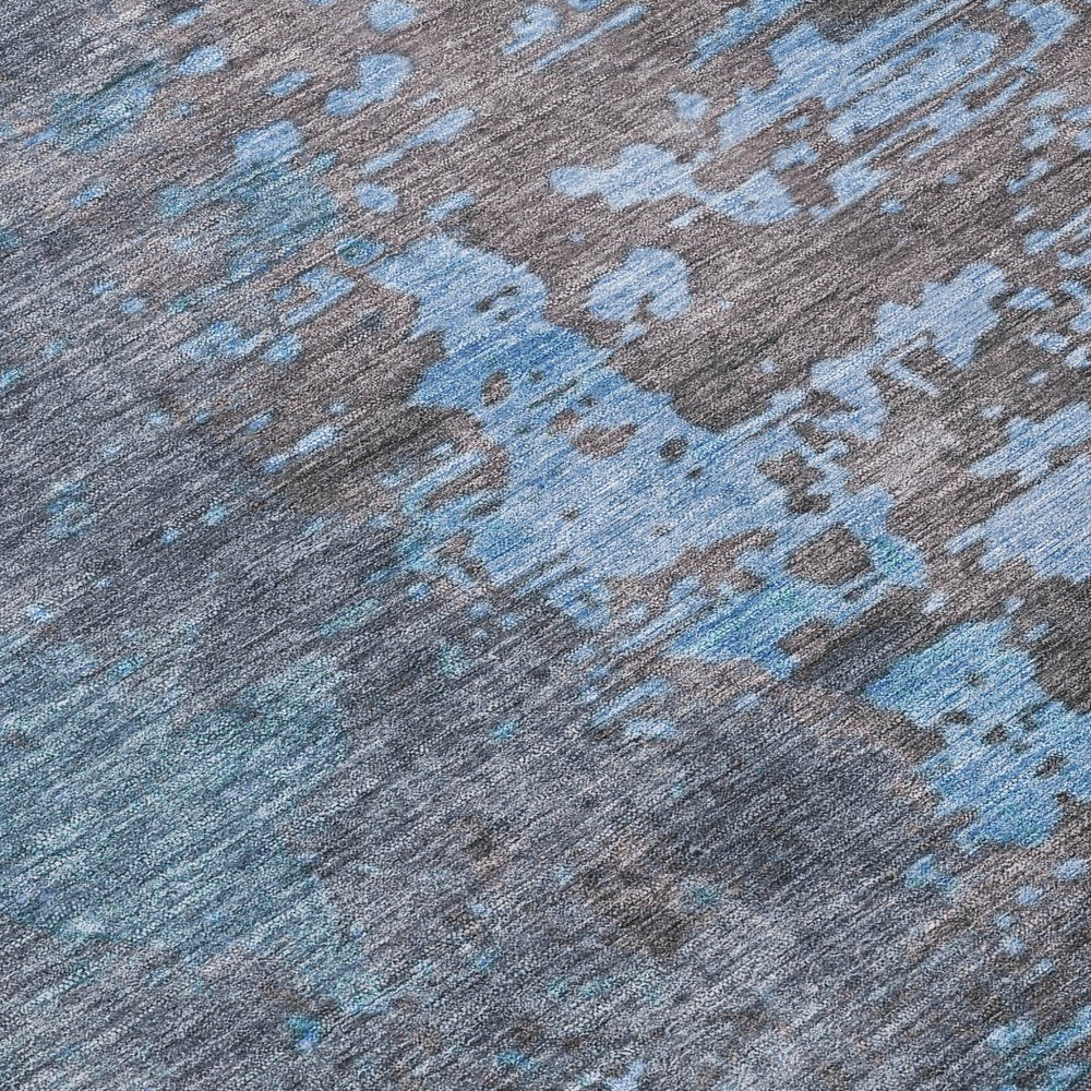 9' X 12' Teal Blue Taupe And Sky Blue Abstract Washable Indoor Outdoor Area Rug