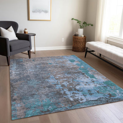 9' X 12' Teal Blue Taupe And Sky Blue Abstract Washable Indoor Outdoor Area Rug