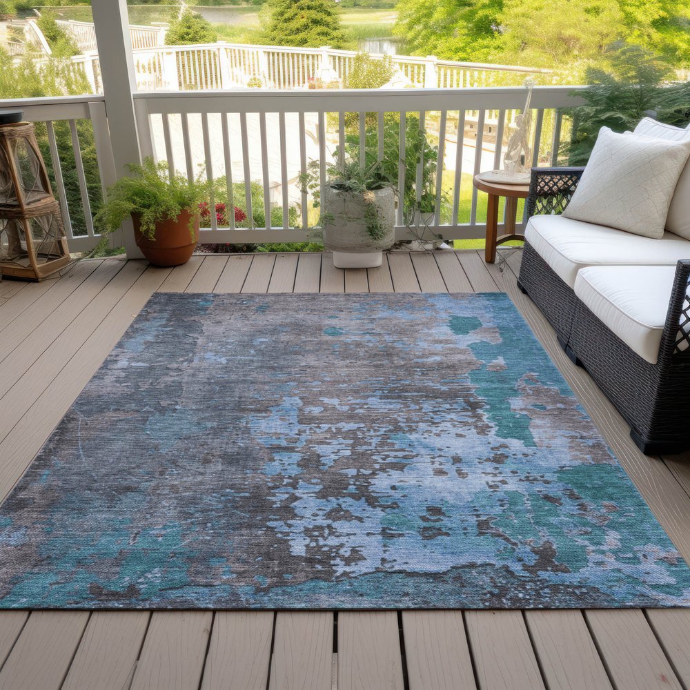 9' X 12' Teal Blue Taupe And Sky Blue Abstract Washable Indoor Outdoor Area Rug