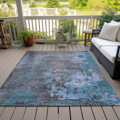 9' X 12' Teal Blue Taupe And Sky Blue Abstract Washable Indoor Outdoor Area Rug