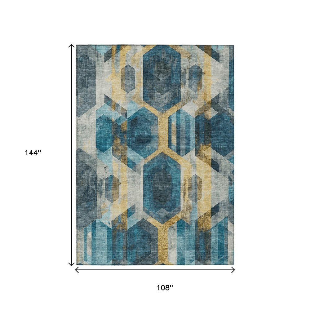 9' X 12' Teal Blue Gold And Silver Geometric Washable Indoor Outdoor Area Rug