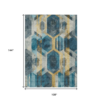 9' X 12' Teal Blue Gold And Silver Geometric Washable Indoor Outdoor Area Rug
