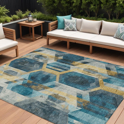9' X 12' Teal Blue Gold And Silver Geometric Washable Indoor Outdoor Area Rug