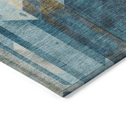 9' X 12' Teal Blue Gold And Silver Geometric Washable Indoor Outdoor Area Rug