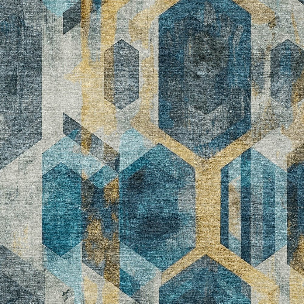 9' X 12' Teal Blue Gold And Silver Geometric Washable Indoor Outdoor Area Rug