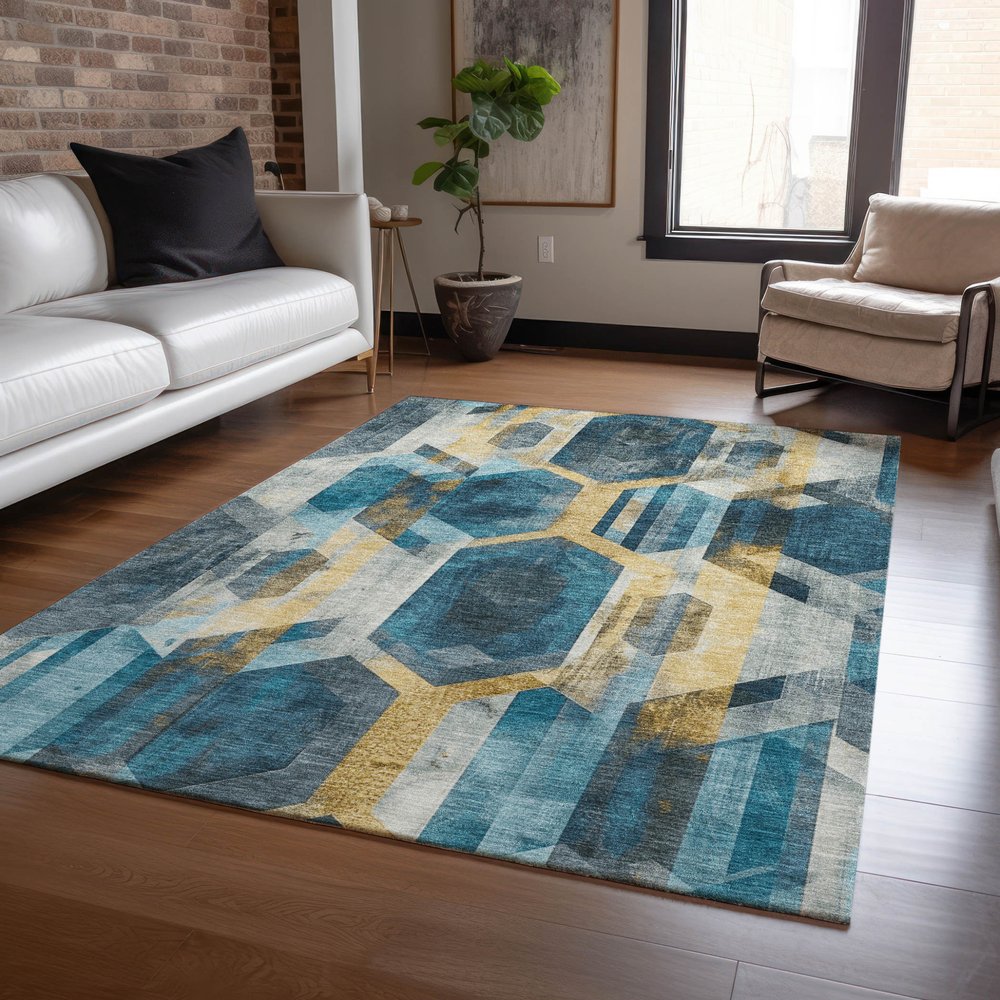 9' X 12' Teal Blue Gold And Silver Geometric Washable Indoor Outdoor Area Rug