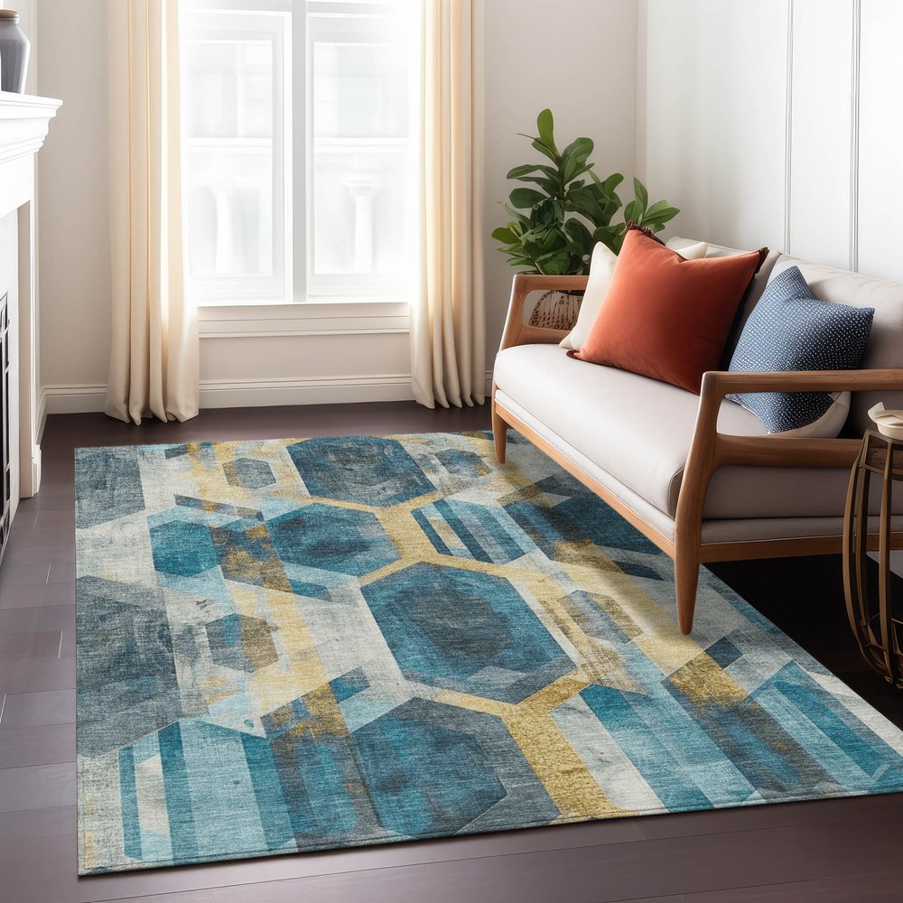 9' X 12' Teal Blue Gold And Silver Geometric Washable Indoor Outdoor Area Rug