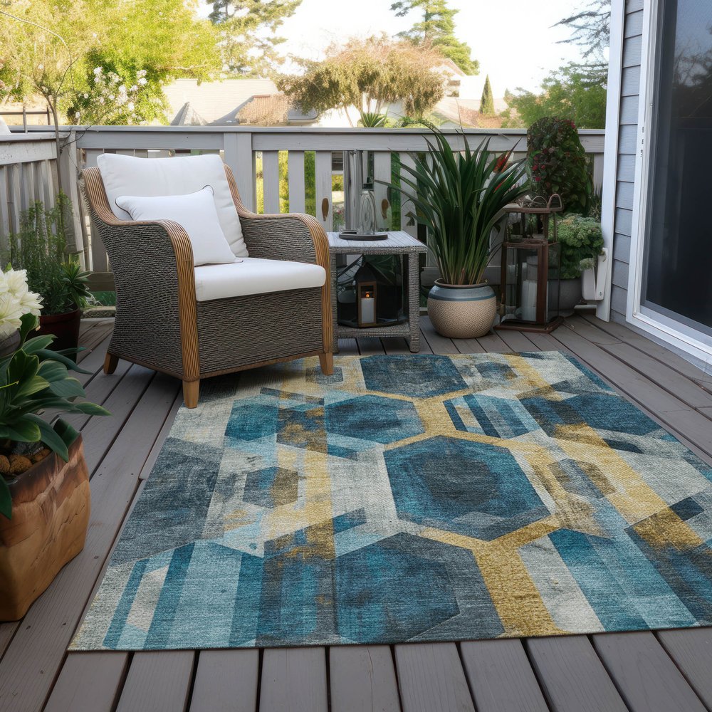 9' X 12' Teal Blue Gold And Silver Geometric Washable Indoor Outdoor Area Rug