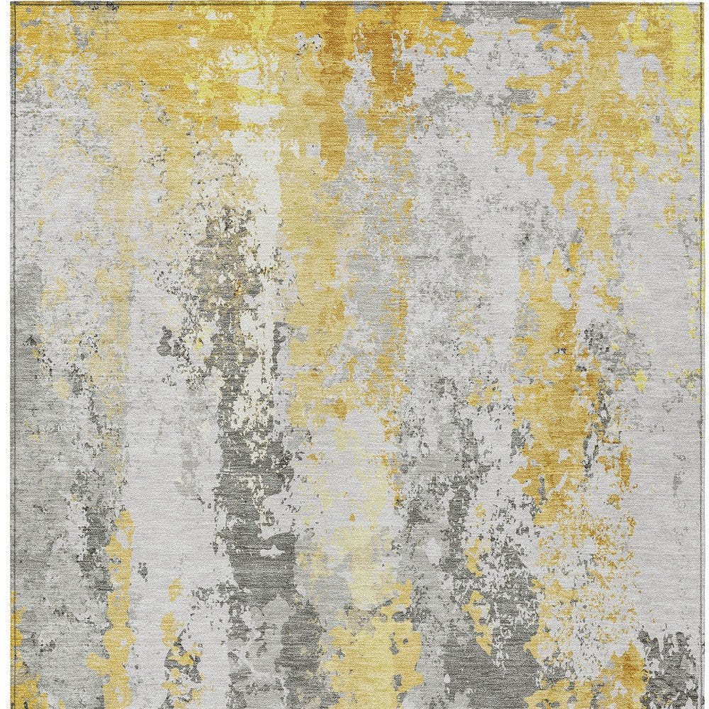 9' X 12' Yellow And Ivory Abstract Washable Indoor Outdoor Area Rug