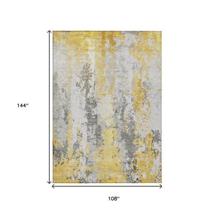 9' X 12' Yellow And Ivory Abstract Washable Indoor Outdoor Area Rug
